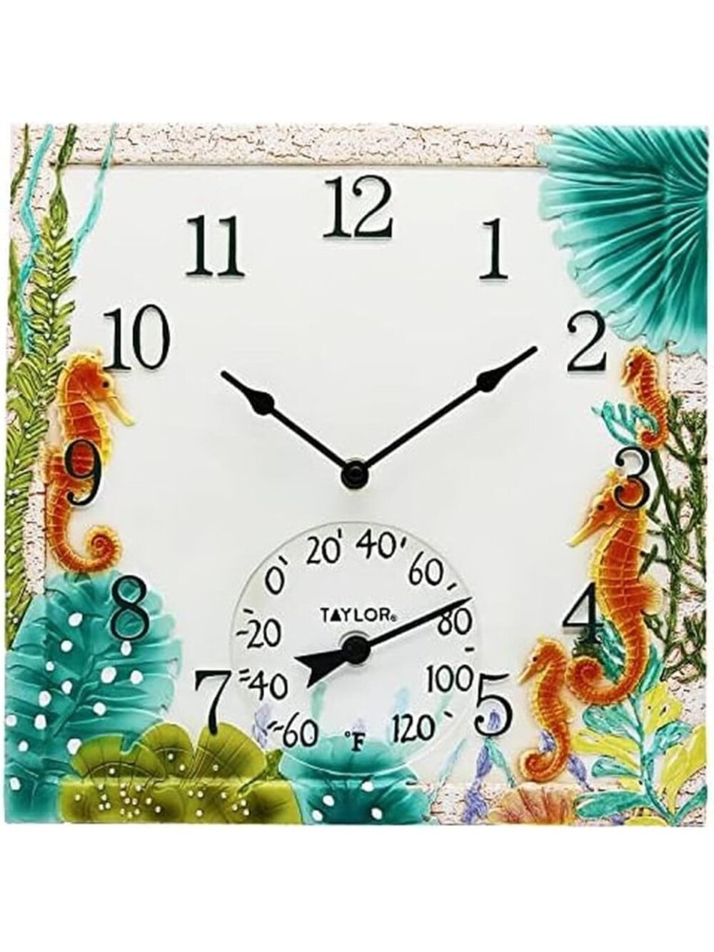 Taylor Seahorse Poly Resin Indoor Outdoor Clock &Thermometer Garden Pool 14"